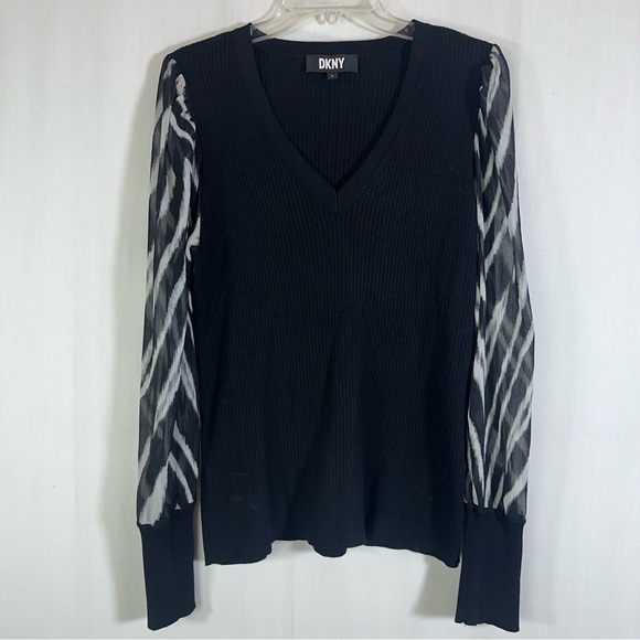 DKNY 🍓 Black V-Neck Sweater with Sheer Zebra Stripes Sleeves Sz XL - Picture 1 of 10
